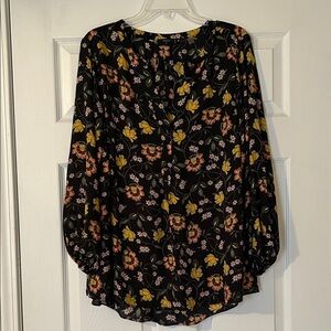 Tahari Black Floral Blouse with Yellow and Pink Accents